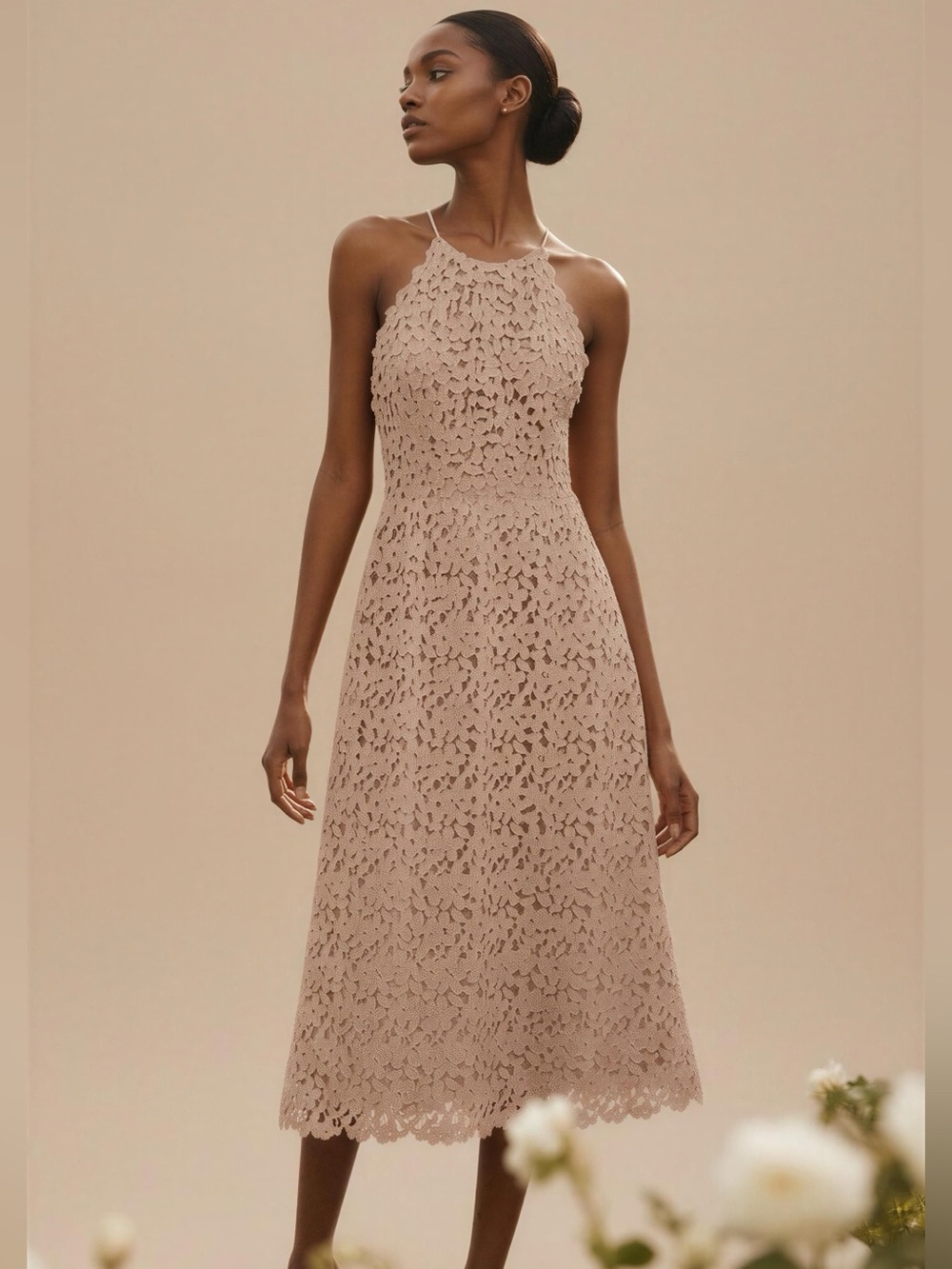Halter Floral Lace Midi Dress in Blush